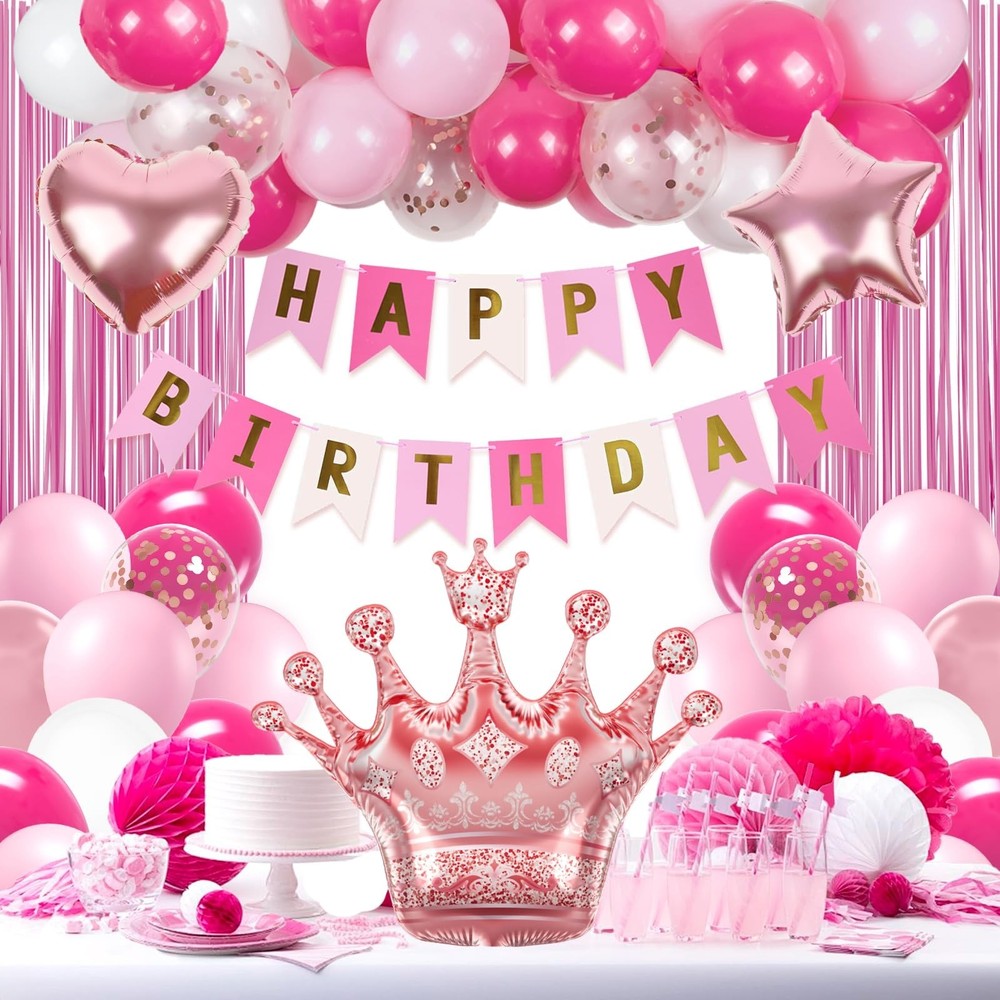 Hot Pink Birthday Decorations for Women with White Hot Light Pink Balloons Ba…