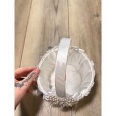 Vintage White Satin Lace Flower Girl Basket Faux Pearl Rhinestone Bow Wedding