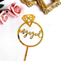 Gold Acrylic Engaged Cake Topper, Round Wedding Engagement Diamond Ring Cake Dec