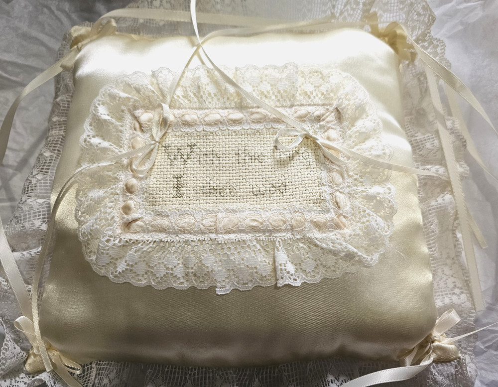 Hand Made Cross-Stitched Lacey Ring Bearer Pillow -Wedding -Cream Color