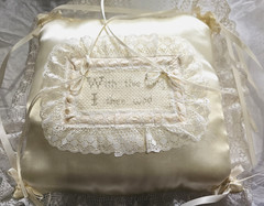 Hand Made Cross-Stitched Lacey Ring Bearer Pillow -Wedding -Cream Color