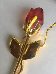 Gold Stem Red Rose in a box Wedding Favor Gold Tone Red Crystal 3.5” Length