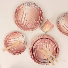 72 ROSE GOLD Disposable Paper TABLEWARE SET Diamond Glitter Pattern Party Events