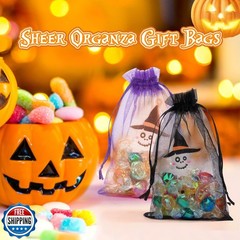FUNFERY 100 Pcs Black Organza Bags 6.5×9 in, Small Mesh Drawstring Gift Bags