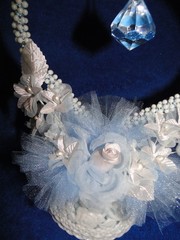 New White Pearl & blue bead Heart with tulle & white floral Wedding CakeTop 416