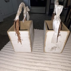 2 Wood Wedding Flower Baskets w/ Handles & White Bows Here Comes Bride