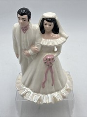 Vtg 1950’s Wedding Cake Topper 7” Bride & Groom Ceramic Iridescent Dress Pink