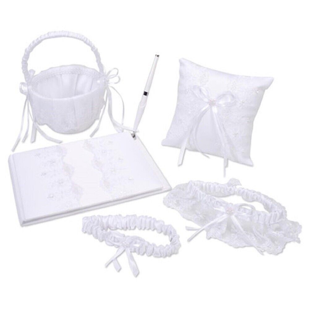 Victoria Lynn Deluxe White and Pearl Accent Wedding Bridal Guest Book 5 Piece