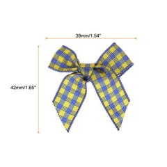 50Pcs Mini Gingham Ribbon Bow 1.5″ Checkered Fabric Satin Light Blue and Yellow