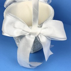 White Flower Girl Wedding Small Basket Lace~Padded~Ribbons Special Occasion