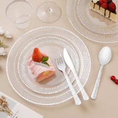 350PCS Clear Plastic Plates with Trim for 50 Guests, 50 Guests Set Silver