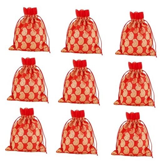 Drawstring Bags Traditional Indian Handcrafted 9×7 inches Paisley (9 Pcs) Red
