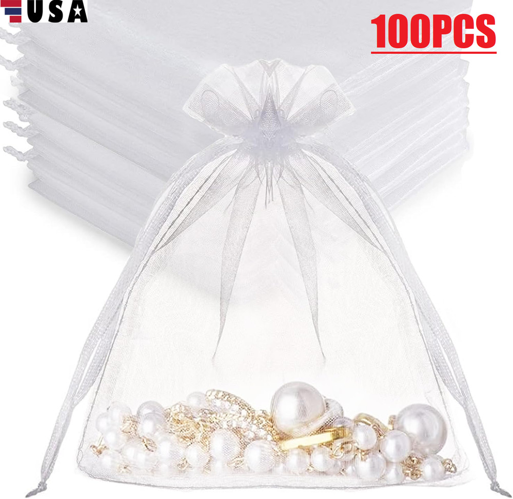 100Pcs White Organza Gift Bags Favor Pouches for Weddings, Parties, Jewelry