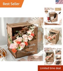 Brown Wedding Card Box with Wave Flower Trough, Wooden Gift Card Box for Wedd…