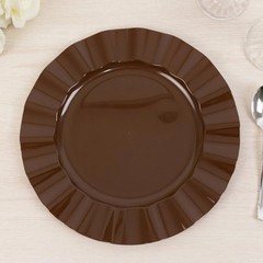 10 BROWN 11″ Round PLASTIC Salad Dinner PLATES Gold Wavy Rim Wedding Party