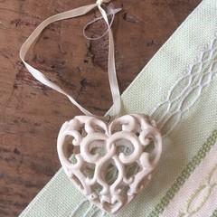 Romantic Antique Bone/Shell Look Carved Heart Ornament Christmas Baptism Wedding