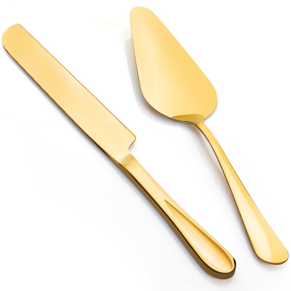 2-Piece Gold Cake Cutting Set Serrated Knife & Pie Server Spatula for Desserts