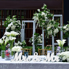 Large White Wooden Mr & Mrs Sign with Just Married Banner White Sweetheart Table