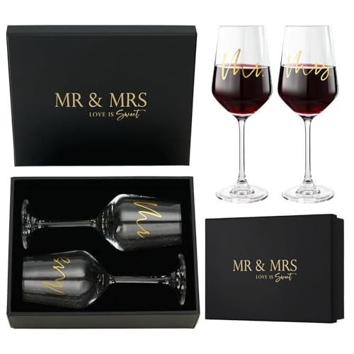 Mr and Mrs Wine Glasses Set of 2 for Engagement Bridal Shower, Mr&Mrs-Black