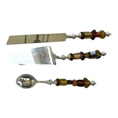 Wedding Cake Server Set & Ice Cream Scoop w/Amber Glass Beaded Handles India EUC