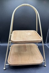 Two Tier Tray Cupcake Holder Display Natural Wood Gold Metal Kitchen Table Decor