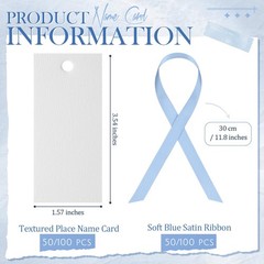 100 PCS Name Place Cards Table Setting Blank Satin Ribbon Blue 1.57×3.54 Inch
