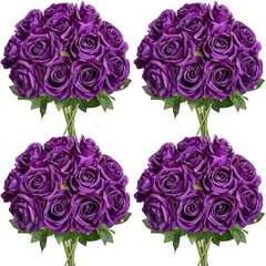 48 PCS Deep Purple Roses Artificial Flowers – Fake Silk Floral with Dark Purple