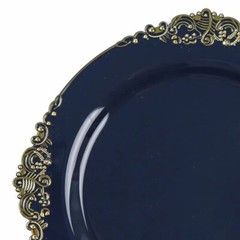 10 NAVY BLUE GOLD 10″ Round Plastic Salad Dinner PLATES Embossed Baroque Rim
