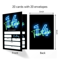 Neon Glow 14th Birthday Invitations 4×6 20 Cards with 20 Envelopes for Boys A…