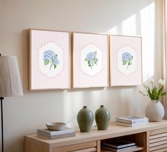 Blue Hydrangea Wall Art Pink Striped Rustic Farmhouse Floral Pictures Wall De…