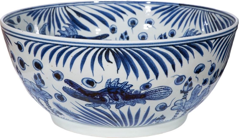 Handcrafted Blue and White Ceramic Fish Bowl for Home Decor