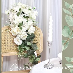 10″ White Rose Bridal Bouquet – Silk Flower Cascading Wedding Decor, Ivory Sage