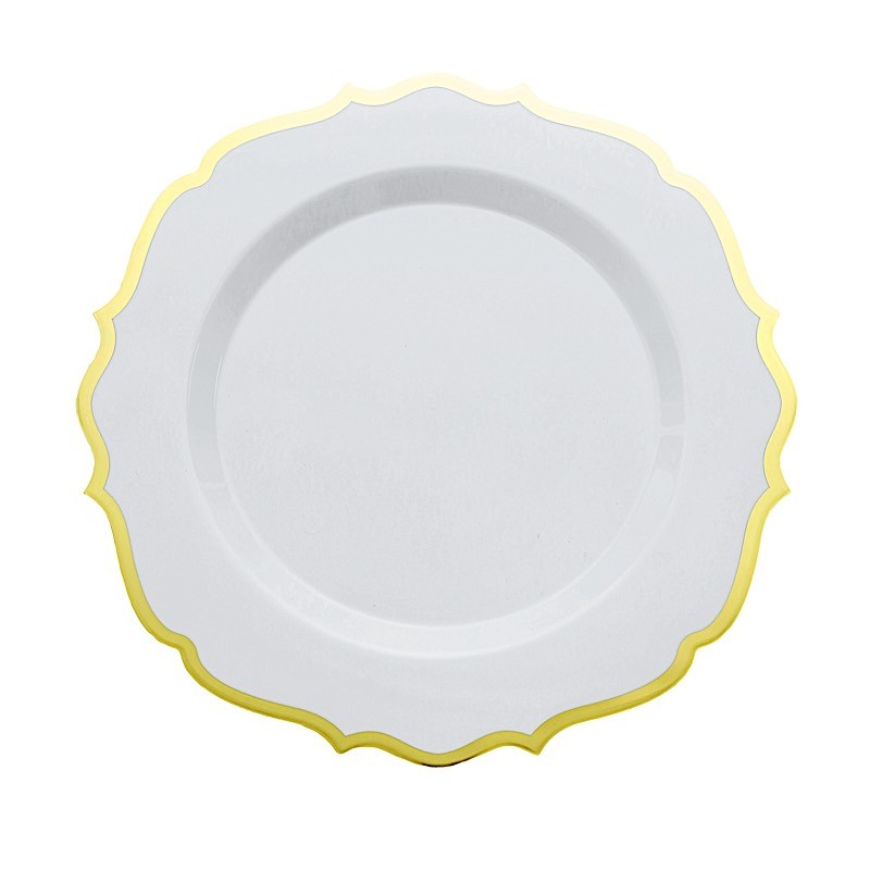 10.5″ White Round Dinner Plates With Gold Scalloped Rim Wedding Tableware