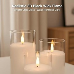Glass Flameless Candles with Remote, White Battery Operated Clear Glass