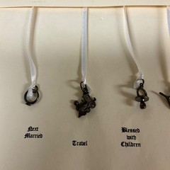 Vintage Silver Wedding Cake Pulls, 6 Charms + Ribbons on card
