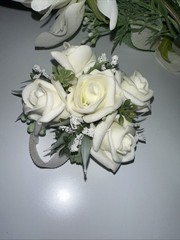 Bridal Bouquet White Roses Peonies Baby Breath + wrist Corsage Baby White Roses