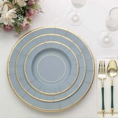 25 DUSTY BLUE 8″ Metallic Round Paper Salad DINNER PLATES Textured Rim Party