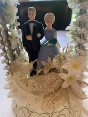 Vintage 1950s Wedding Anniversary Cake Topper Couple in Arch Bells Blue Dress