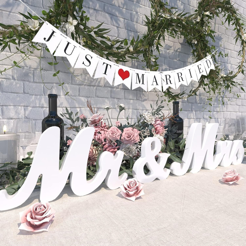 Large White Wooden Mr & Mrs Sign with Just Married Banner White Sweetheart Table