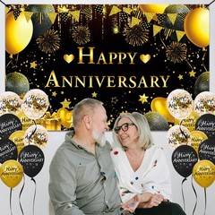 Happy Anniversary Decorations Kit – 5.9×3.6Ft Banner & 18PCS Black, Gold