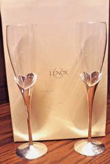 LENOX Wedding Promises Heart Flute Glass Pair Bride-Groom Stem Silver-Plate 281