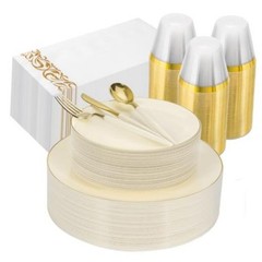 3PCS lvory Plastic Dinnerware Set – lvory and Gold Rim – Disposable 50 Ivory