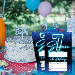 SIXEIGHT Blue 7th Birthday Invitations for Boys, Neon Glow Party Invitations …