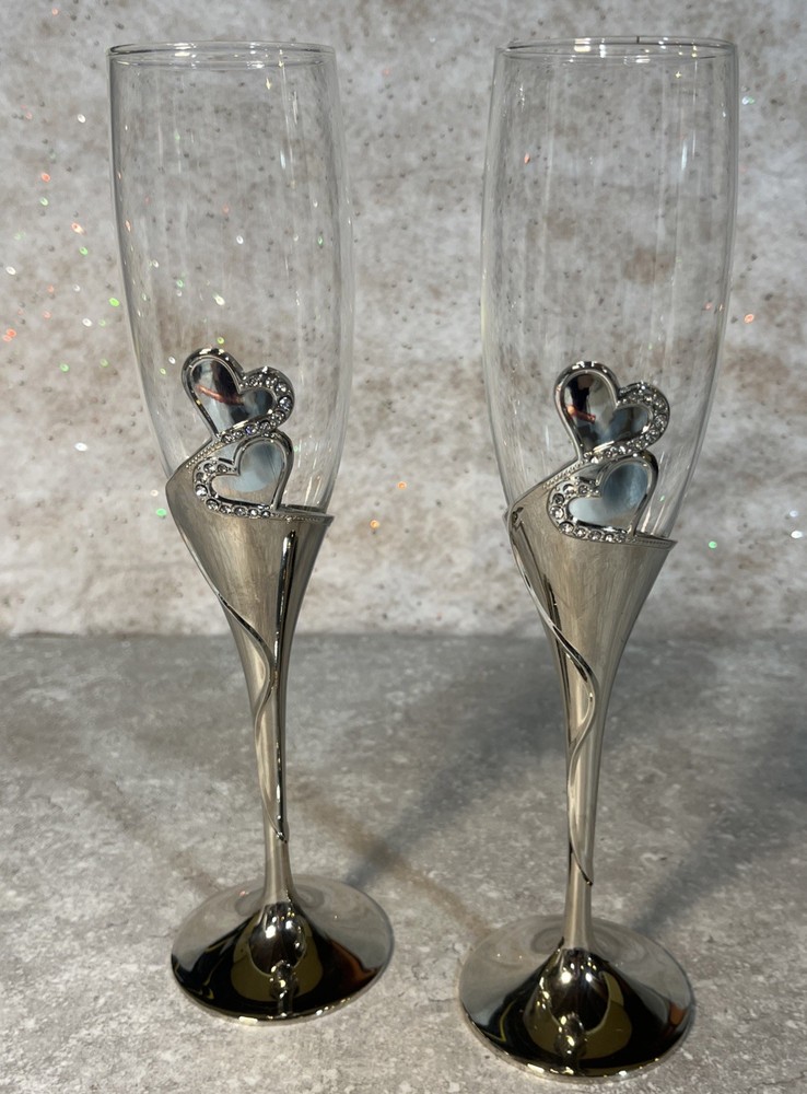 Studio His & Hers Toasting Glasses Silver Tone W/ Hearts Rhinestones EUC 10.25”