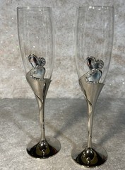 Studio His & Hers Toasting Glasses Silver Tone W/ Hearts Rhinestones EUC 10.25”