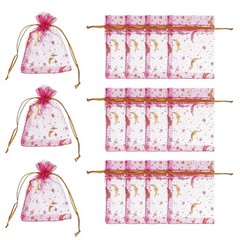 Organza Bags, 100 Pcs 2.8 x 3.5 Inch Moon Star Mesh Candy Pouch, Rose Red Gold