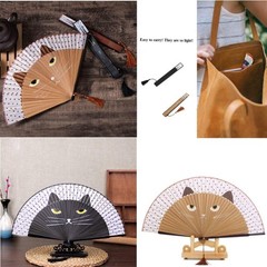 2 Pieces Cat Folding Fans Handheld with Bamboo Frame and Black Brown