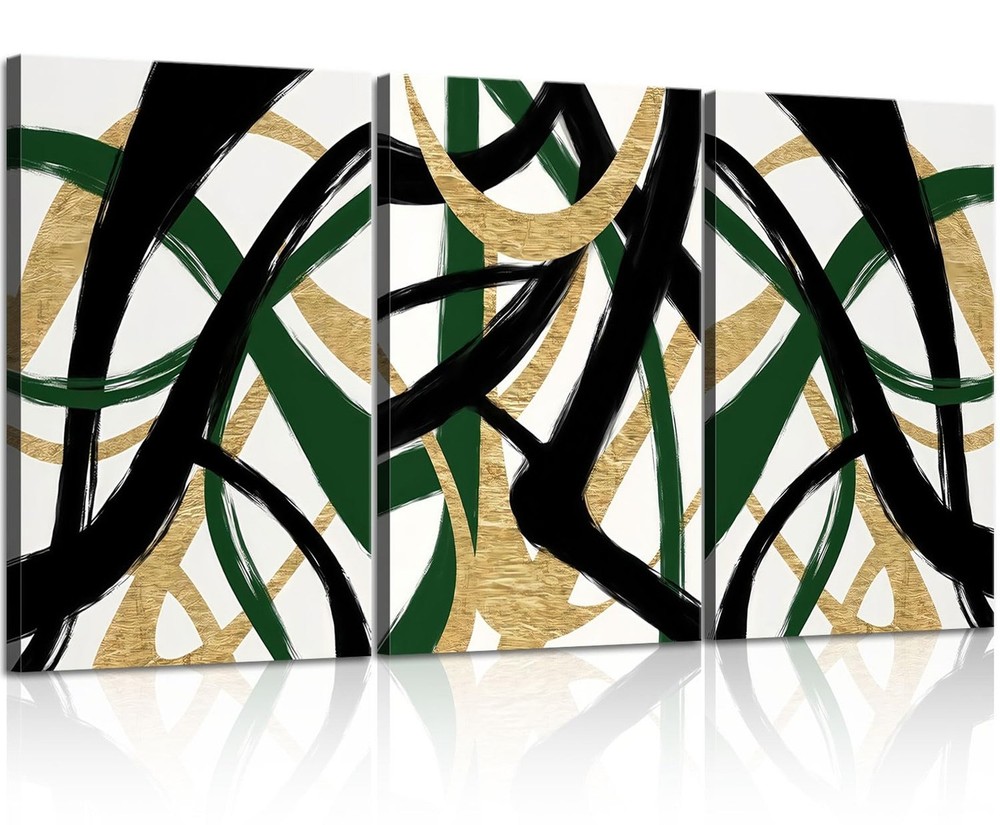 3Pcs Framed work Abstract Lines Canvas Wall Art Modern Black, Green, Gold Geo…