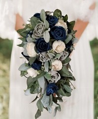 Navy Blue Gray Bridal Bouquet and Sola Wood Natural Lasting Wedding Prom Flowers