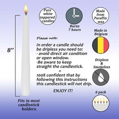 Taper Candles,Tapered Candlesticks – dripless 8 Inch unscented, 6 pack, White